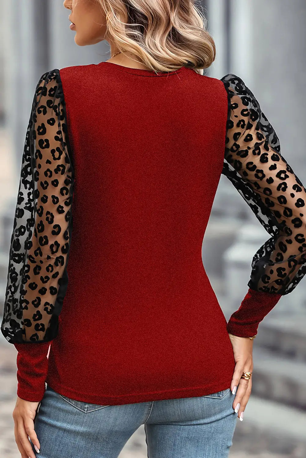 Medium grey leopard mesh puff sleeve patchwork slim fit top - tops