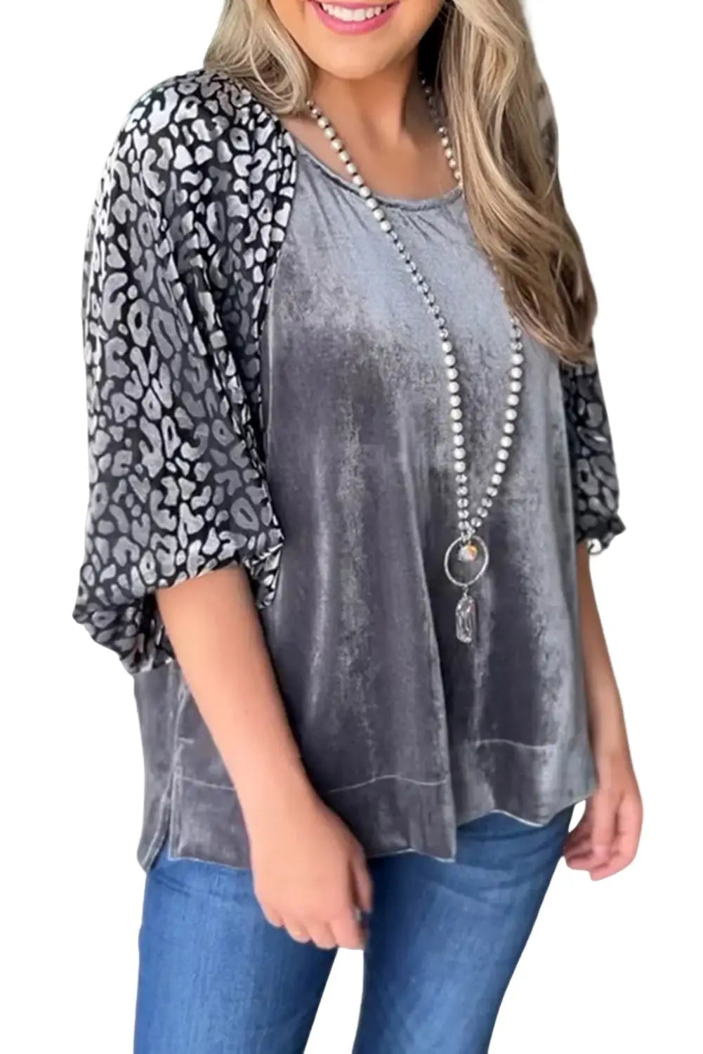 Medium grey leopard splicing lantern sleeve velvet blouse - blouses & shirts