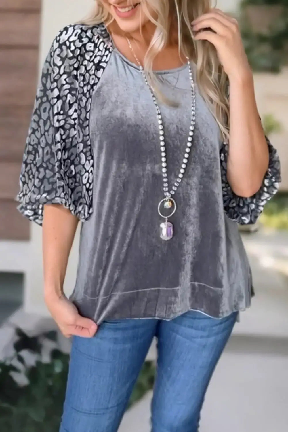 Medium grey leopard splicing lantern sleeve velvet blouse - blouses & shirts