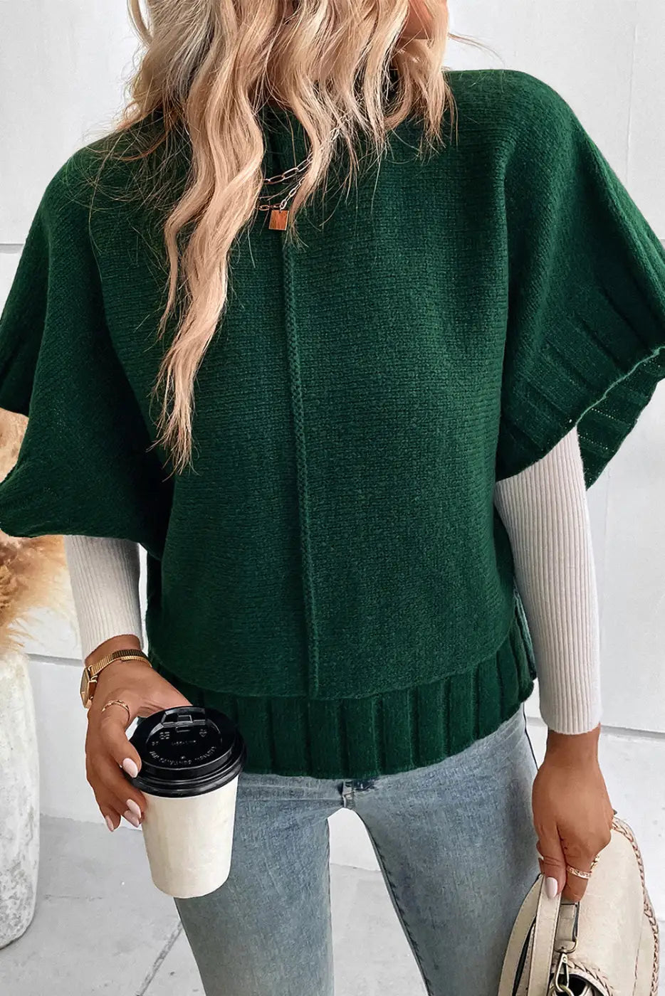 Medium grey mock neck batwing short sleeve knit sweater - tops