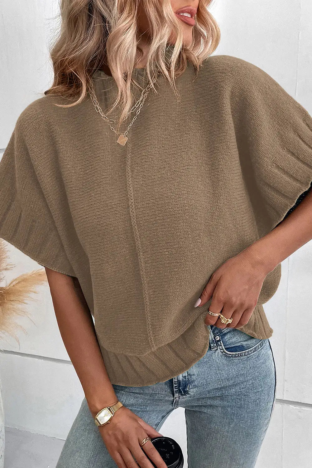 Medium grey mock neck batwing short sleeve knit sweater - desert palm / l / 65% acrylic + 35% polyamide - sweaters &