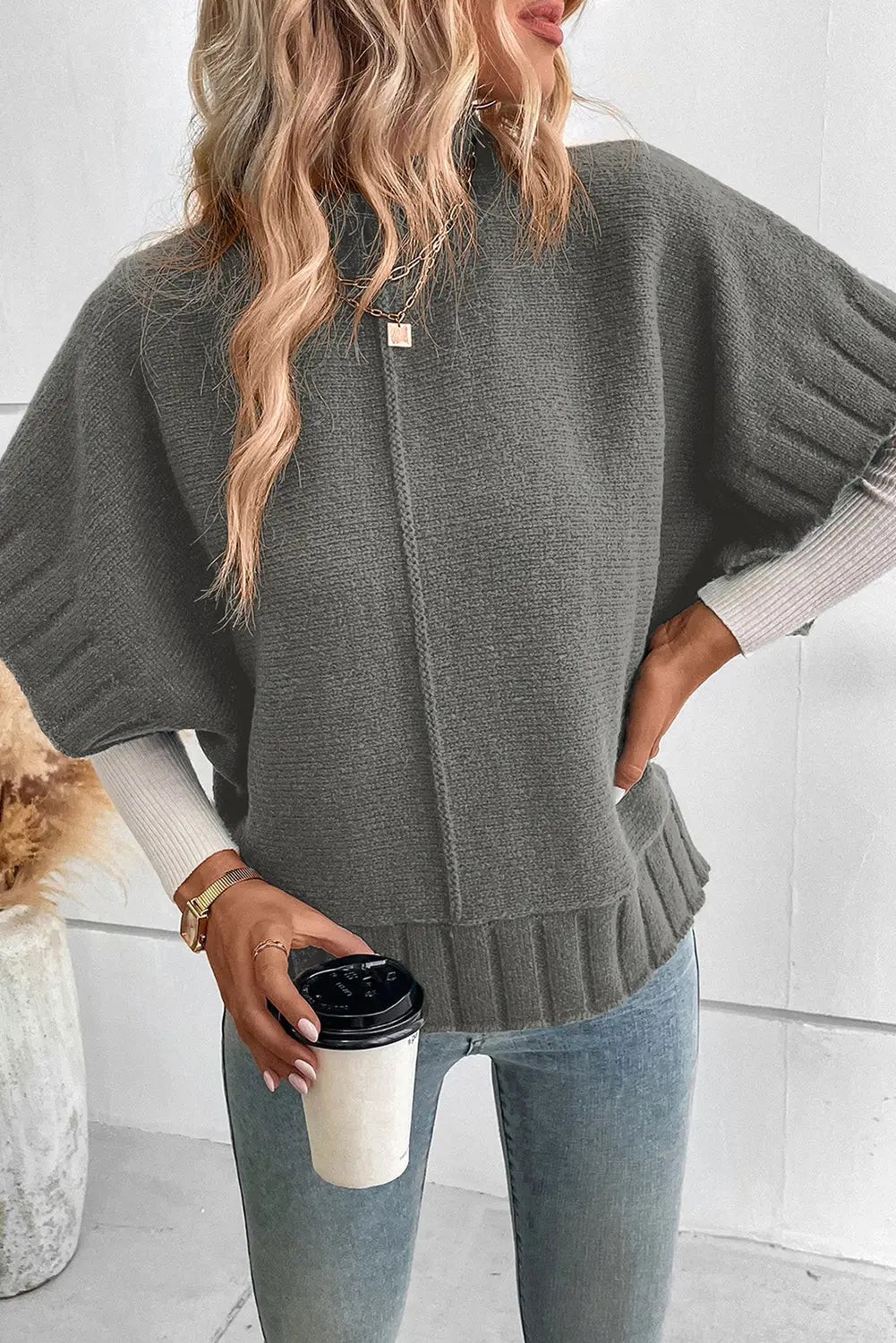 Medium grey mock neck batwing short sleeve knit sweater - sweaters & cardigans