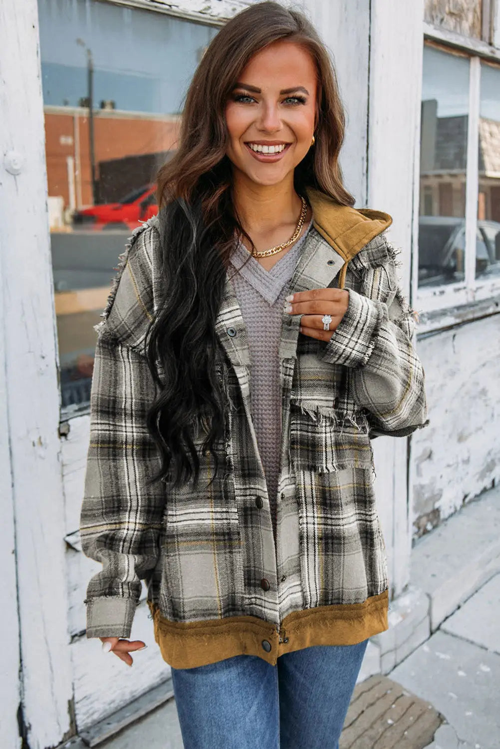 Medium grey plaid patch hooded frayed snap button jacket -