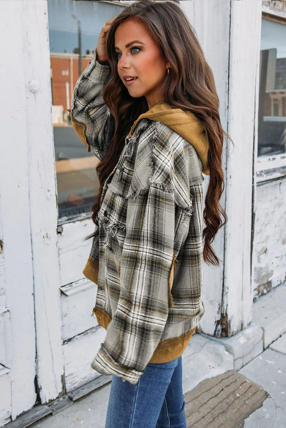 Medium grey plaid patch hooded frayed snap button jacket -