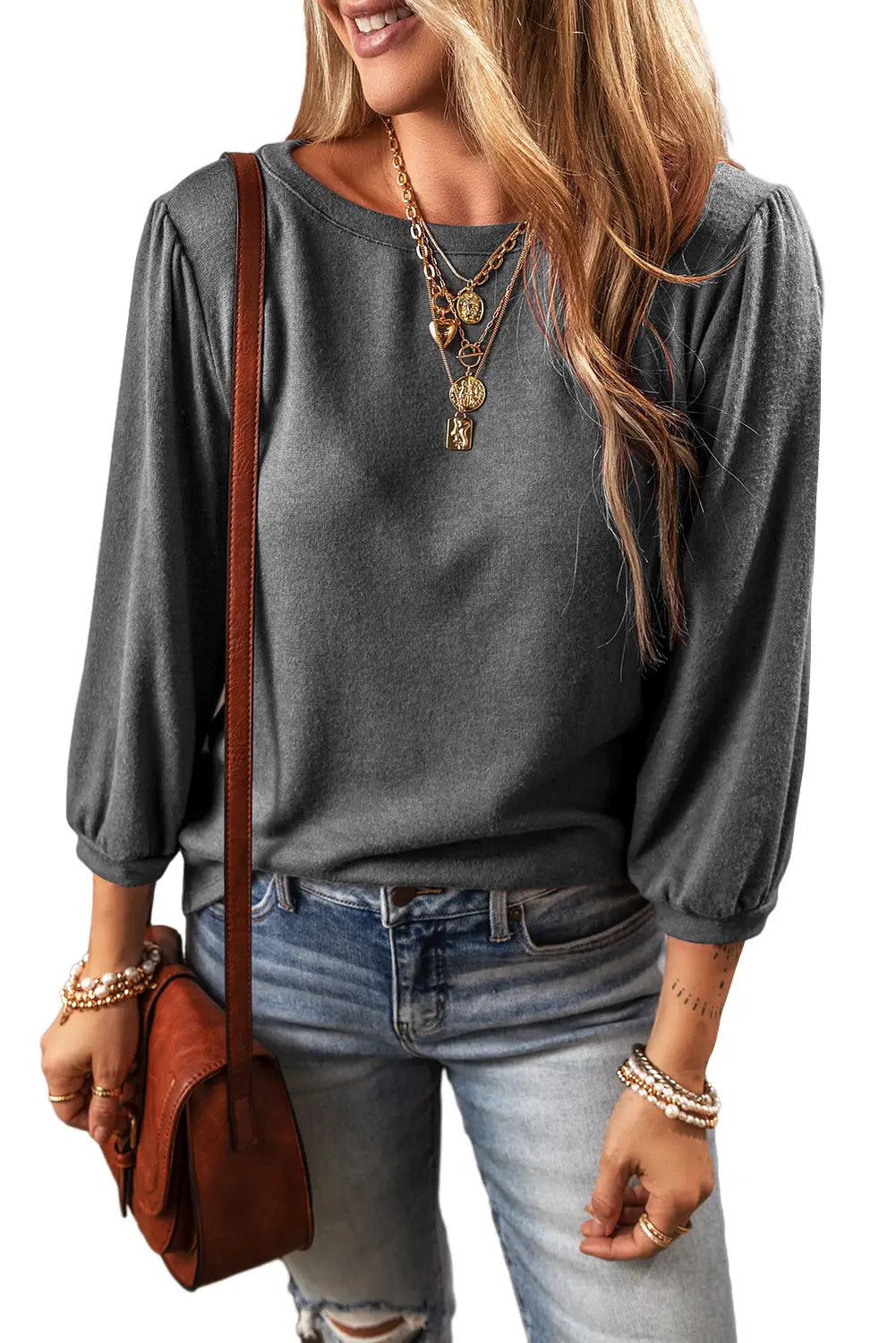 Medium grey solid color 3/4 sleeve round neck blouse - long tops