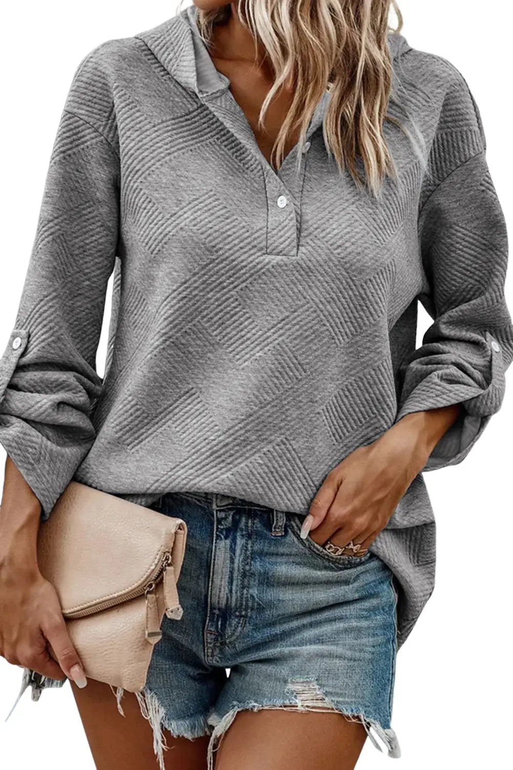 Medium grey textured knit pin-up sleeve pullover hoodie -
