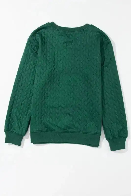 Back view of Merry And Bright Cable Knit Sweatshirt | FashionFitz highlighting the textured cable knit design without text.