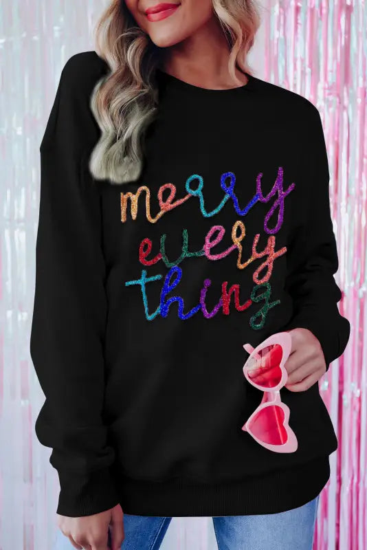 Merry-every-thing glitter sweatshirt - black / s / 50% polyester + 50% cotton - graphic sweatshirts