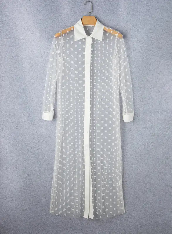 Mesh duster kimono - white polka dot collared buttoned - outerwear/kimonos