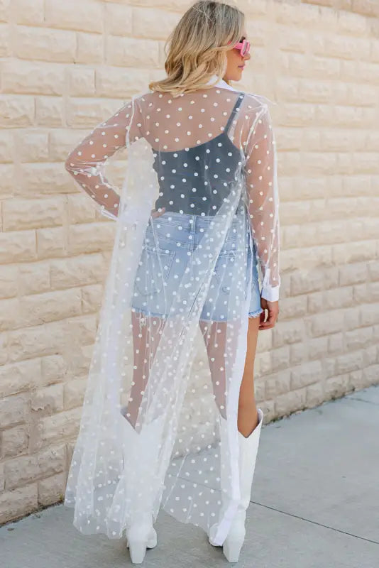 Mesh duster kimono - white polka dot collared buttoned - outerwear/kimonos