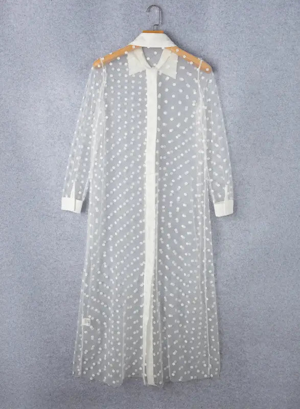 Mesh duster kimono - white polka dot collared buttoned - outerwear/kimonos