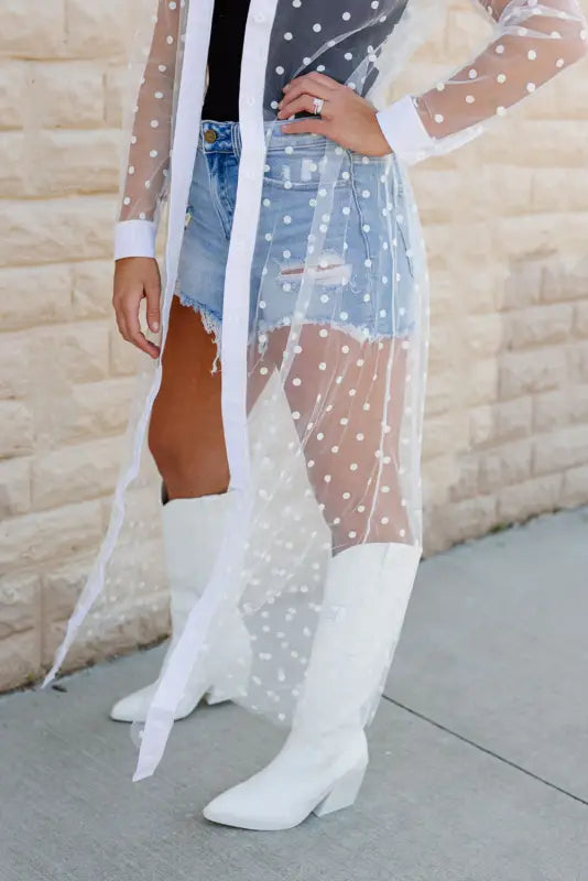 Mesh duster kimono - white polka dot collared buttoned - outerwear/kimonos