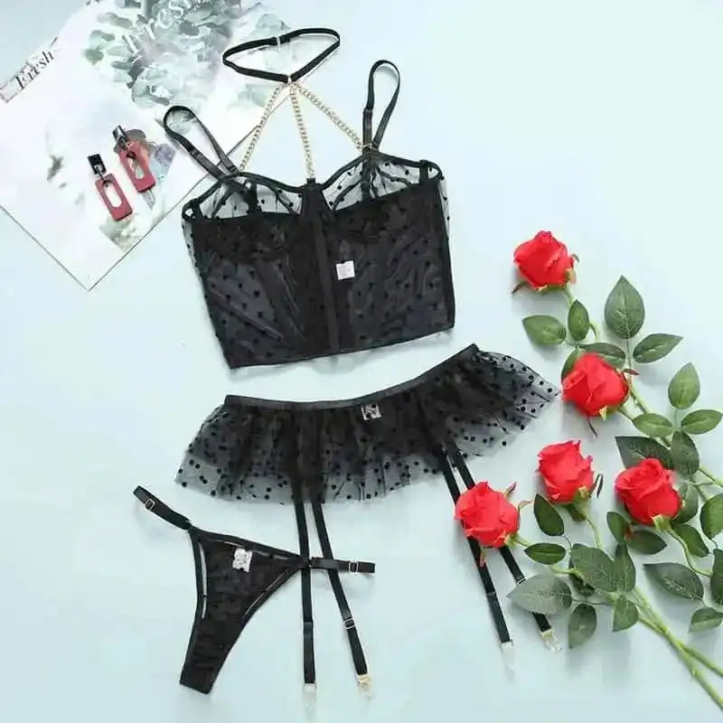 Mesh Polka Dot Ruffle Bustier Bra Set - Fashionfitz