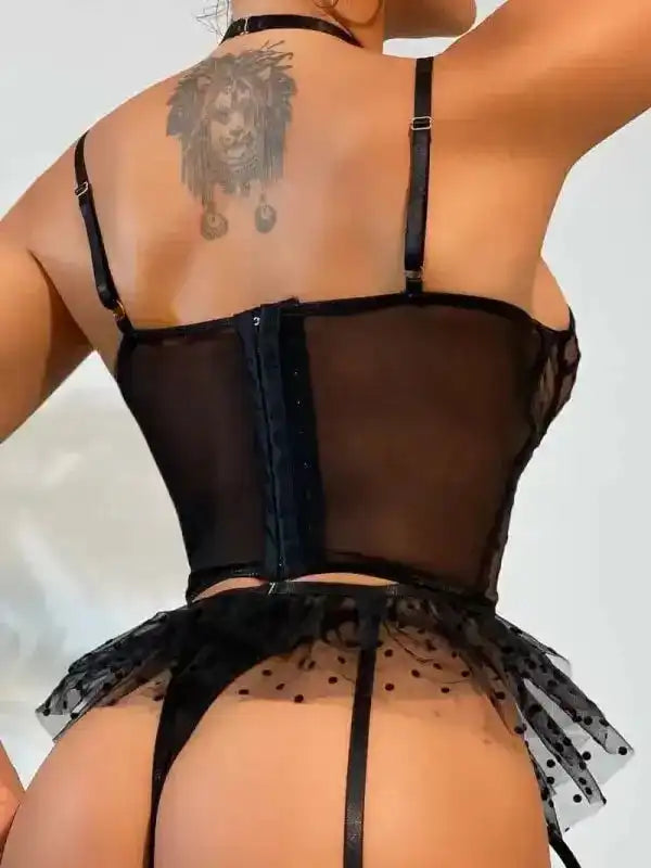 Mesh Polka Dot Ruffle Bustier Bra Set - Fashionfitz