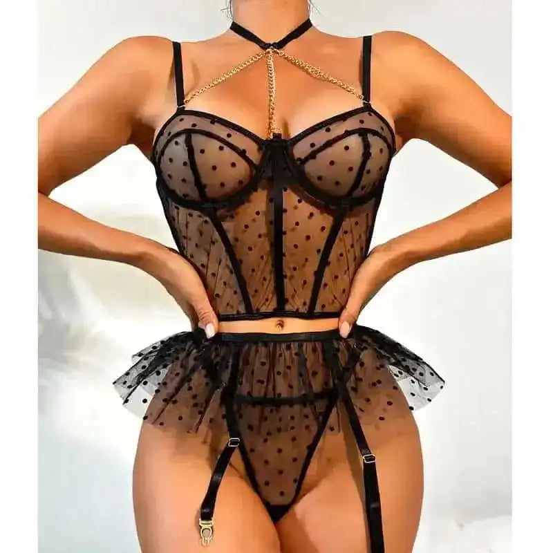 Mesh Polka Dot Ruffle Bustier Bra Set - Fashionfitz