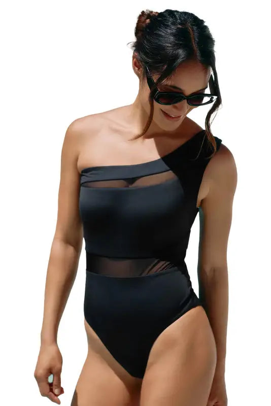 Black mesh insert one shoulder high waist teddy swimsuit - piece swimsuits