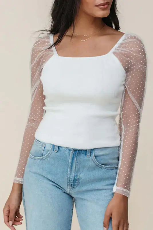 Mesh sleeve ribbed slim top | fashionfitz