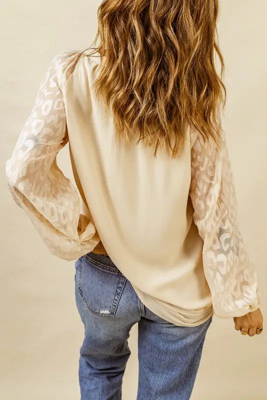 Mesh sleeve split neck blouse - blouses