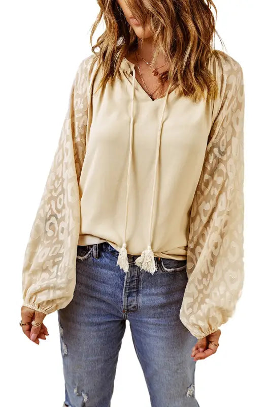 Mesh sleeve split neck blouse - blouses