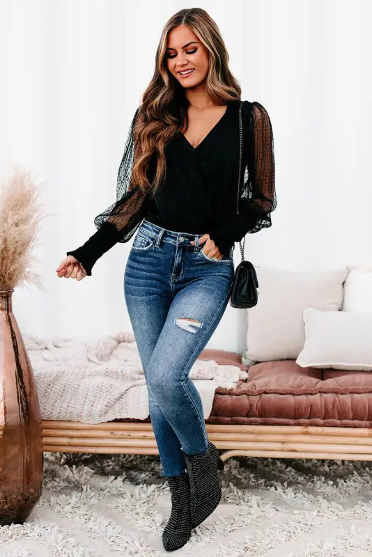 Black mesh long sleeve surplice bodysuit - bodysuits