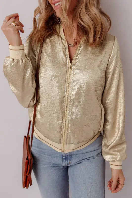 Metallic zip-up varsity jacket | fashionfitz