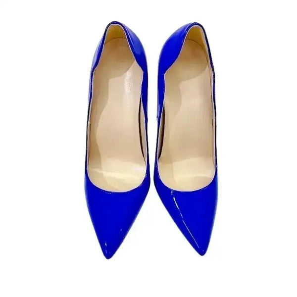 Top view of FashionFitz Midnight Blue Pumps Court Shoes Stilettos showcasing sleek pointed toe and cushioned insole for comfort.