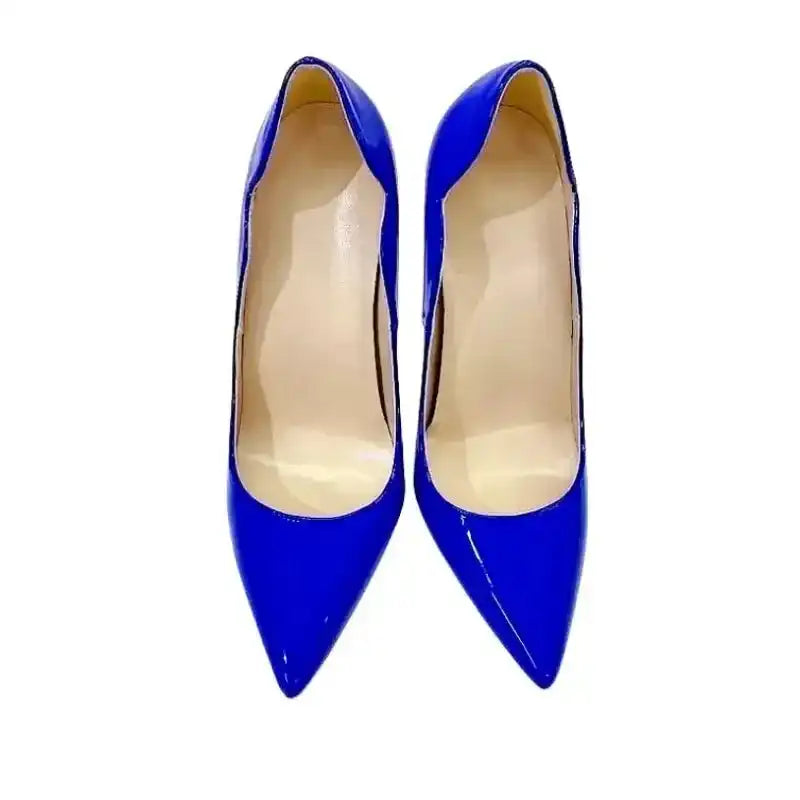 Top view of FashionFitz Midnight Blue Pumps Court Shoes Stilettos showcasing sleek pointed toe and cushioned insole for comfort.