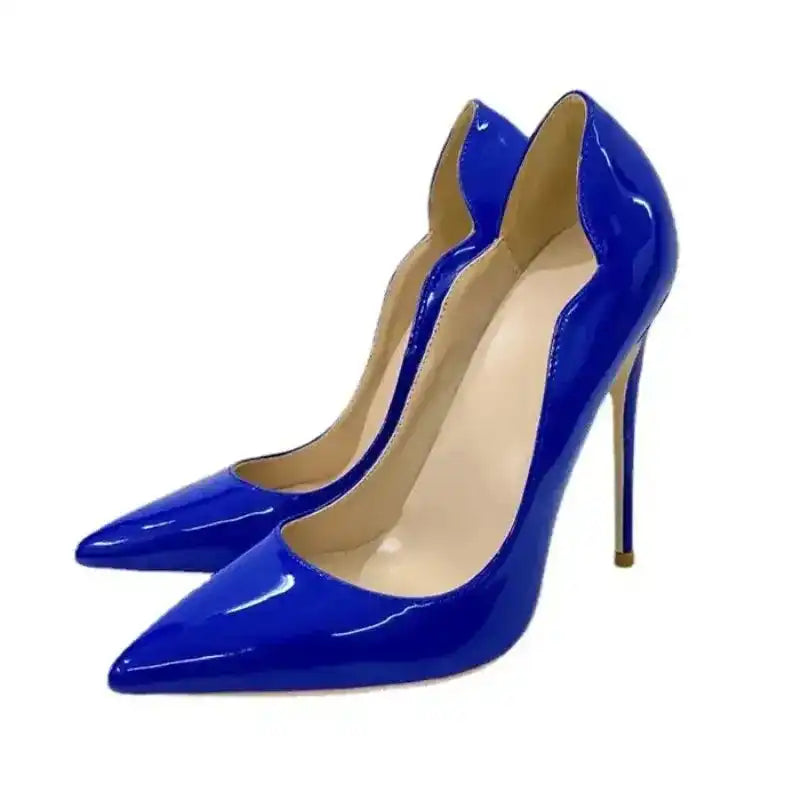 Angled front view of FashionFitz Midnight Blue Pumps Court Shoes Stilettos with elegant silhouette and pointed toe design.