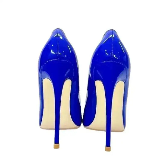 Rear view of FashionFitz Midnight Blue Pumps Court Shoes Stilettos highlighting slim heel and seamless PU leather finish.