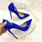 Hand holding FashionFitz Midnight Blue Pumps Court Shoes Stilettos, emphasizing lightweight build and high-gloss finish.
