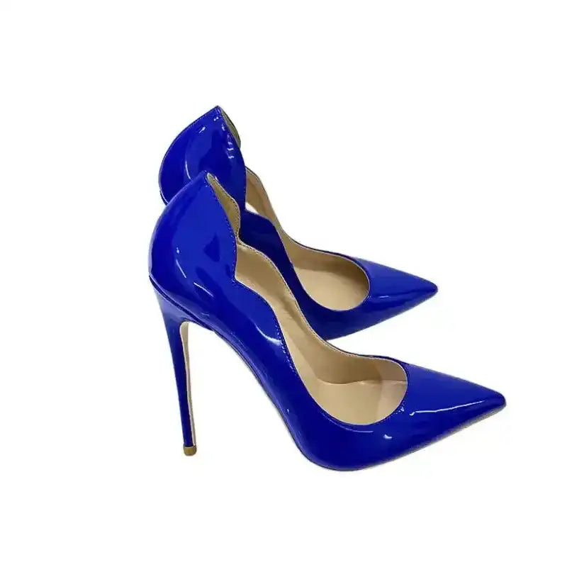 Side angle of FashionFitz Midnight Blue Pumps Court Shoes Stilettos featuring high stiletto heel and scalloped collar design.