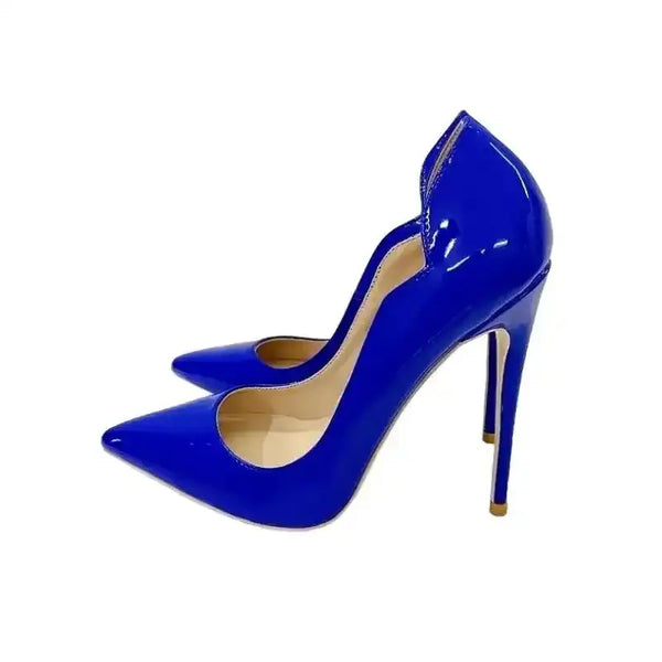 FashionFitz Midnight Blue Pumps Court Shoes Stilettos with glossy PU leather and pointed toe, ideal for elegant evening wear.