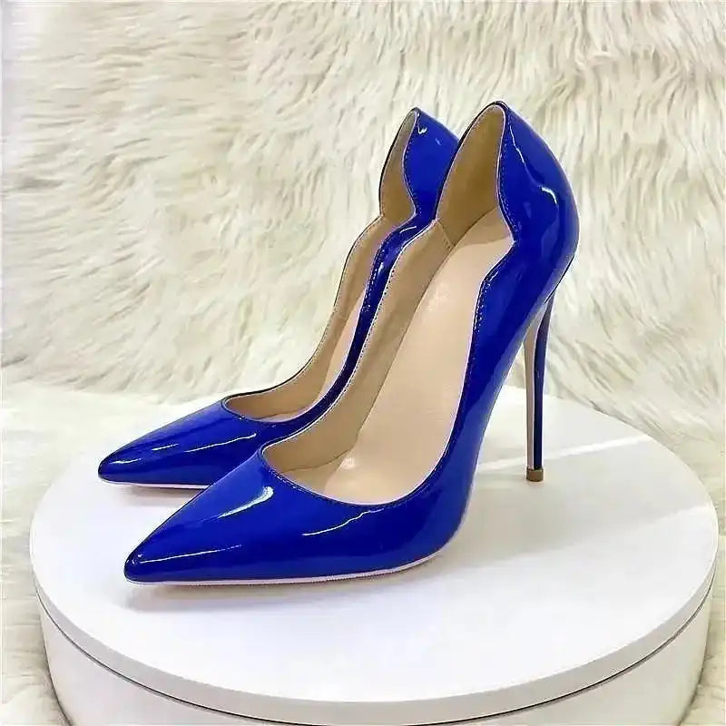 FashionFitz Midnight Blue Pumps Court Shoes Stilettos displayed on round pedestal with plush background, perfect for formal occasions.