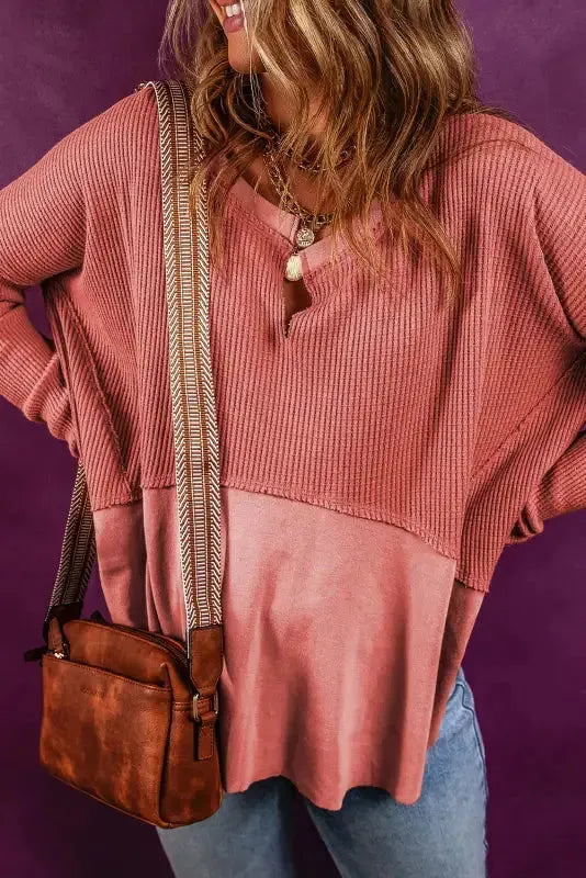 Mineral Red Waffle Knit Patchwork Top - Fashionfitz