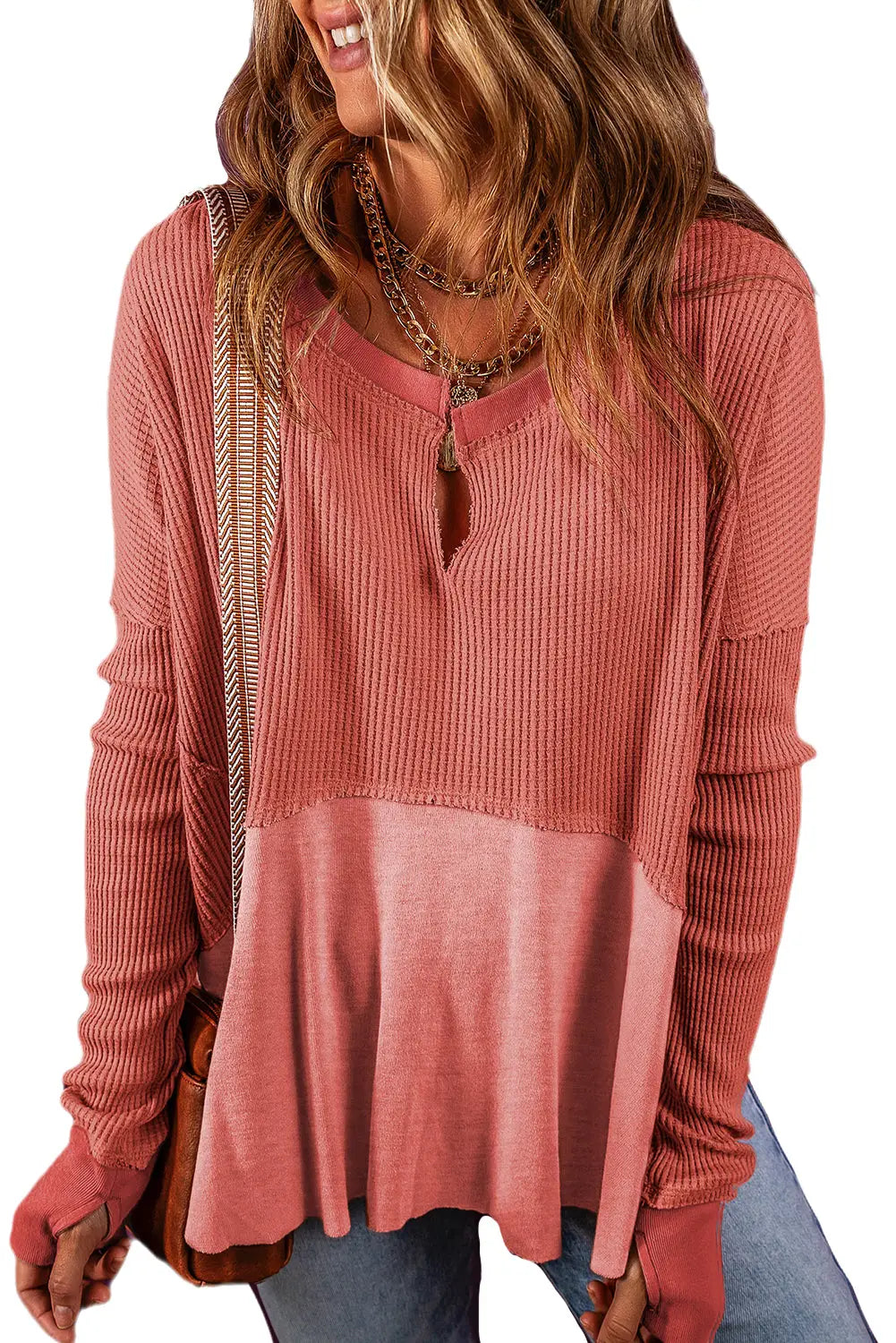 Mineral red exposed seam slit neck waffle knit patchwork top - long sleeve tops