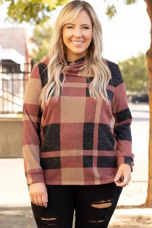 Mineral Red Plus Size Plaid Print Button Decor Asymmetric Neck Top - Fashionfitz