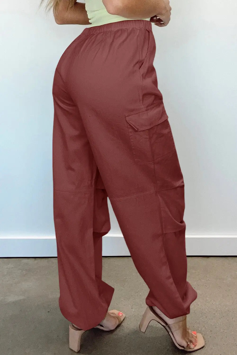 Mineral red solid color drawstring waist wide leg cargo pants
