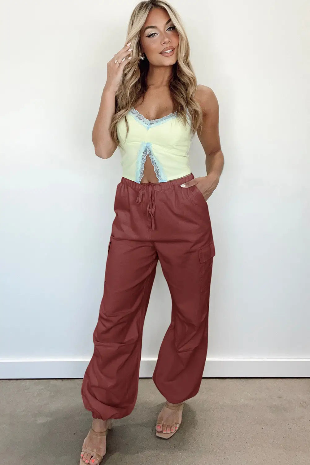 Mineral red solid color drawstring waist wide leg cargo pants