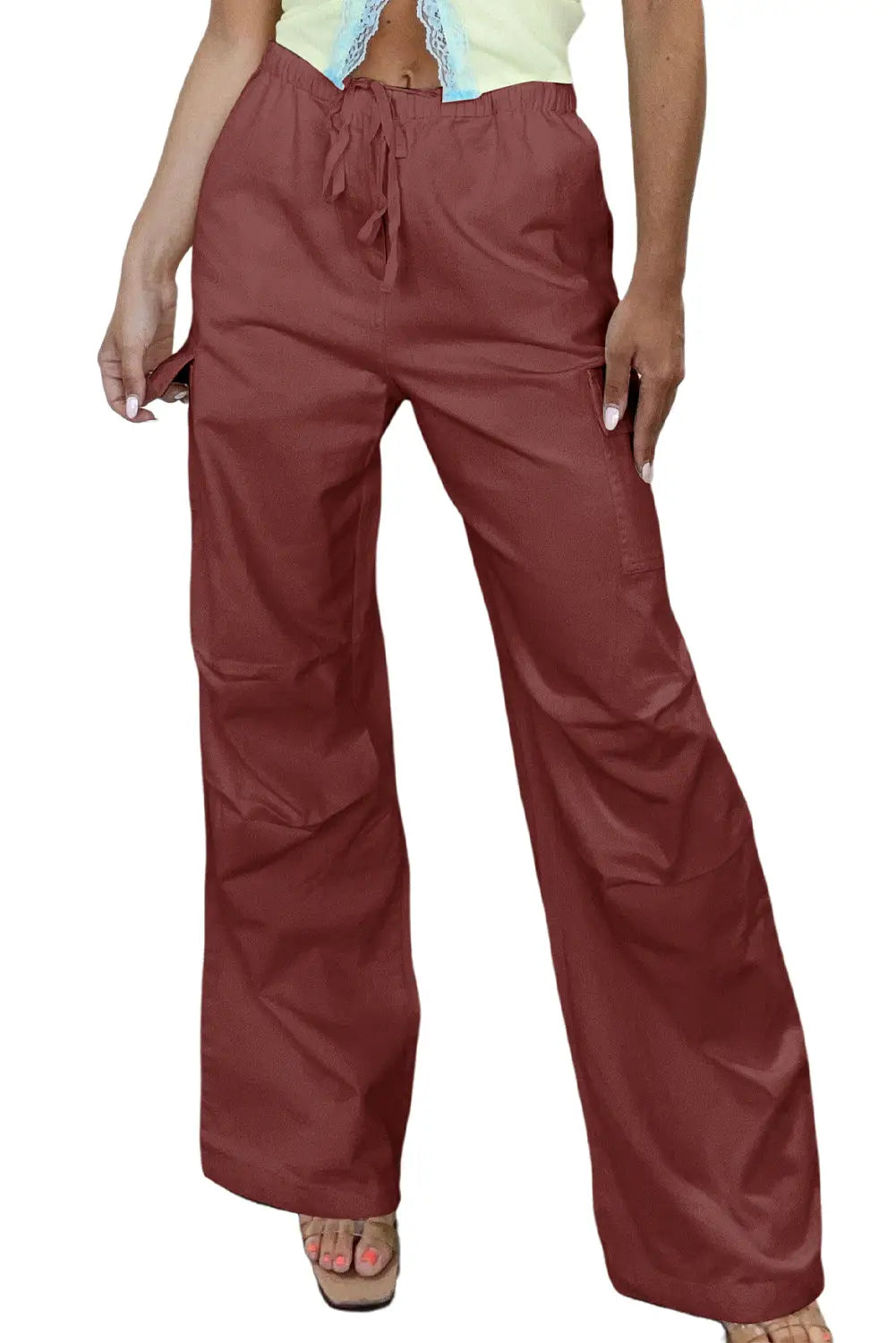 Mineral red solid color drawstring waist wide leg cargo