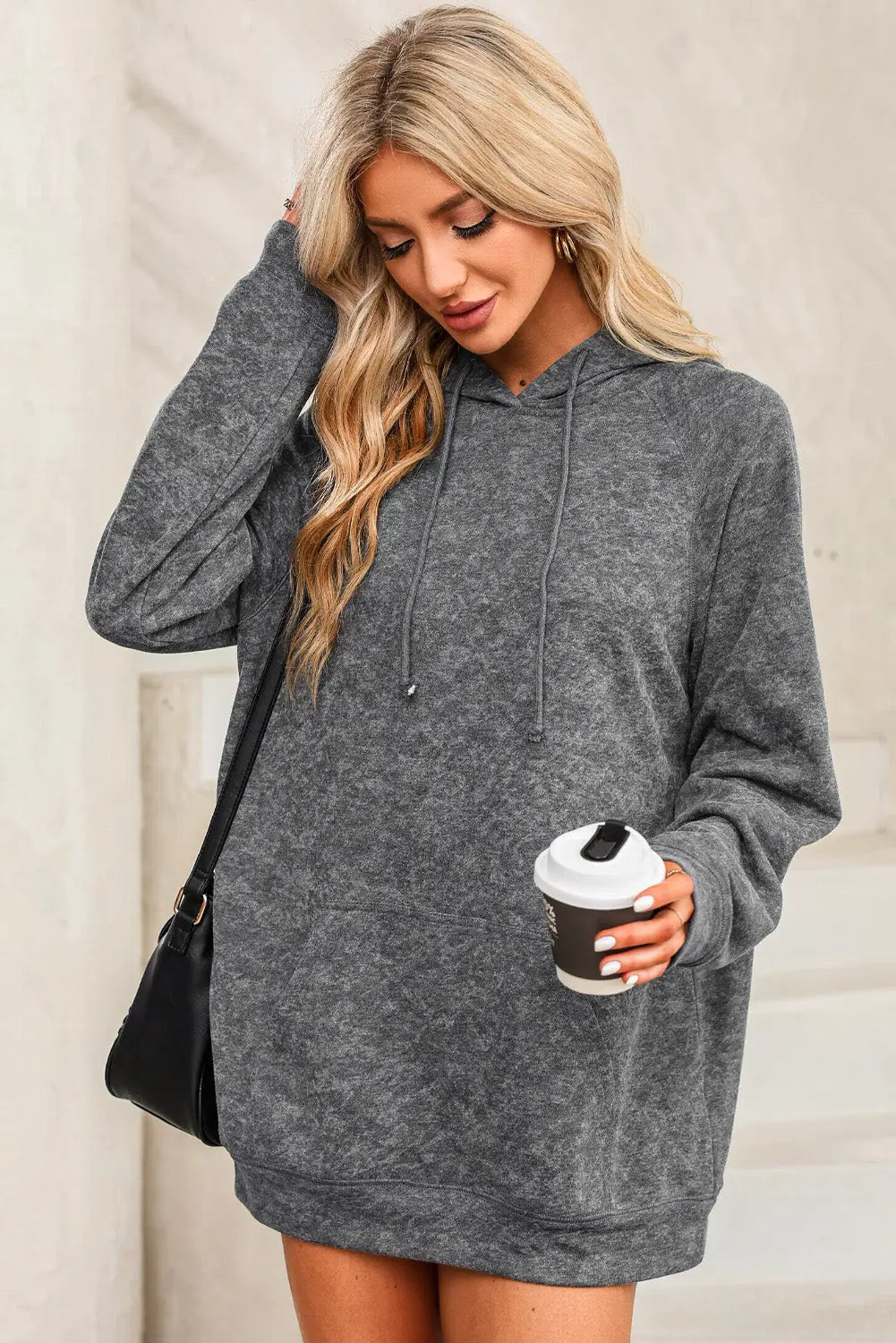 Mineral wash kangaroo pocket drawstring pullover hoodie - gray / xl / 80% polyester + 20% cotton - sweatshirts & hoodies