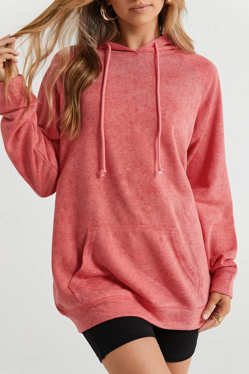 Mineral wash kangaroo pocket drawstring pullover hoodie - red / xl / 80% polyester + 20% cotton - sweatshirts & hoodies