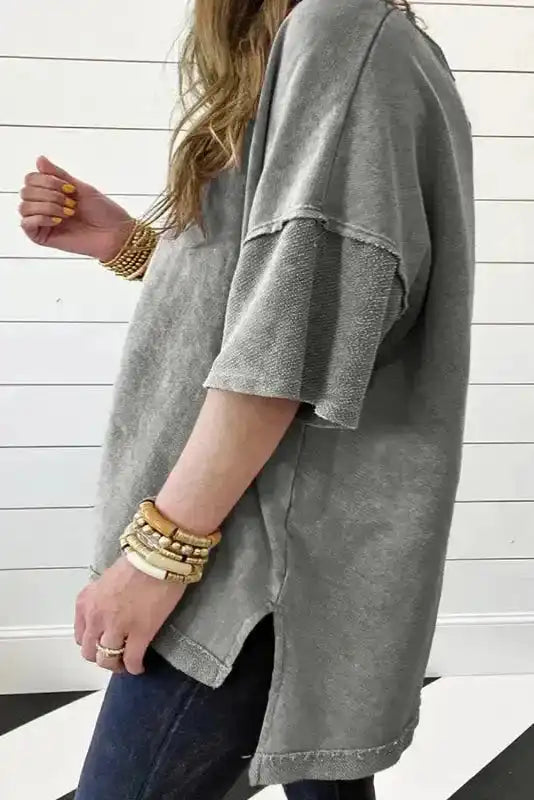 Back view of Mineral Wash Patchwork Plus Size T-Shirt showing relaxed plus-size fit and mineral wash surface — Fashionfitz