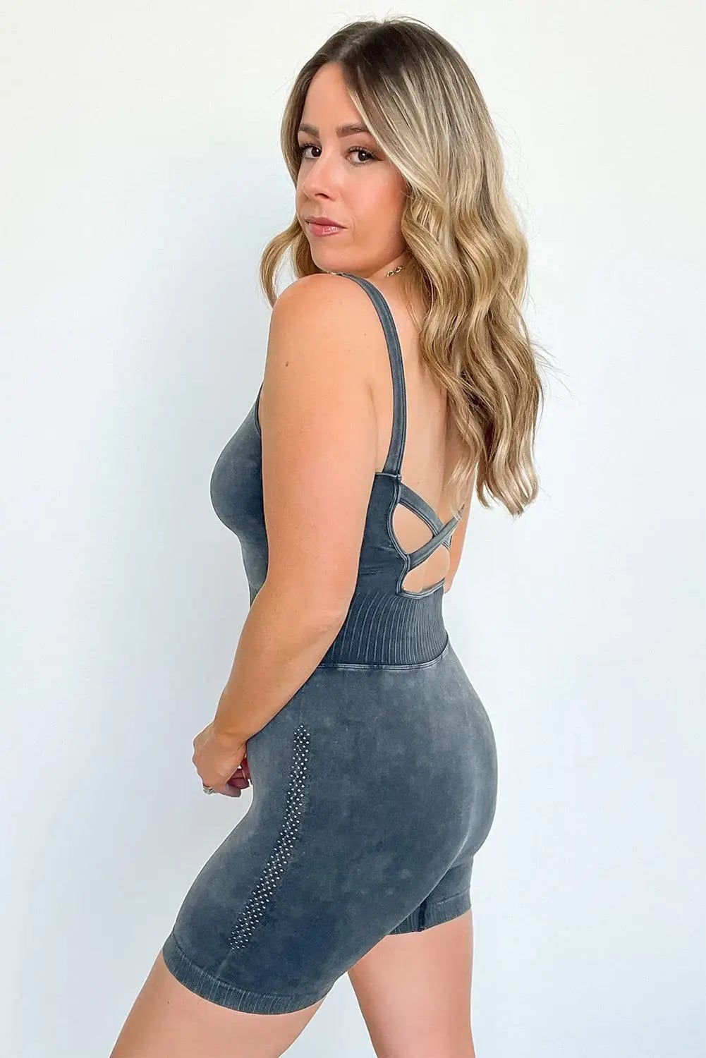 Mineral wash ribbed athleisure romper - yoga jumpsuits