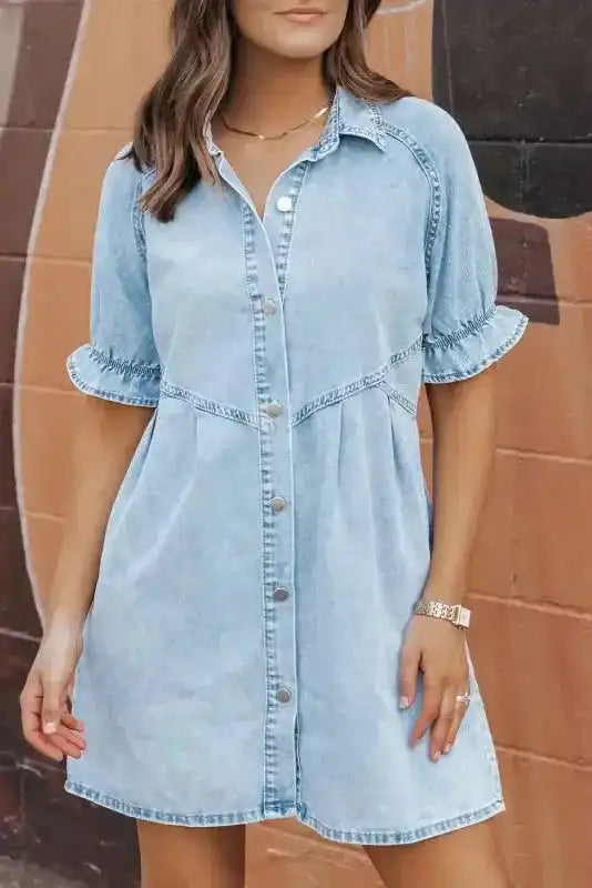 Mineral Wash Ruffled Denim Dress - Fashionfitz
