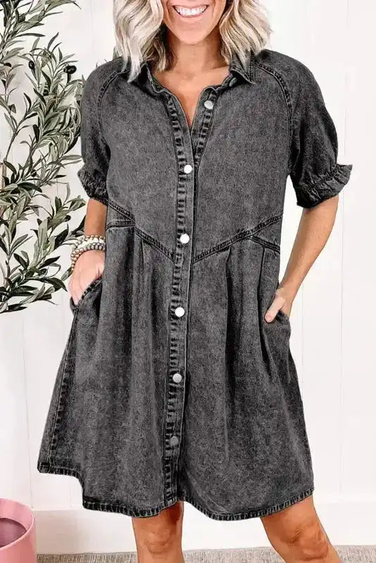 Grey and blue mineral wash ruffled denim mini dress front view — Fashionfitz UK