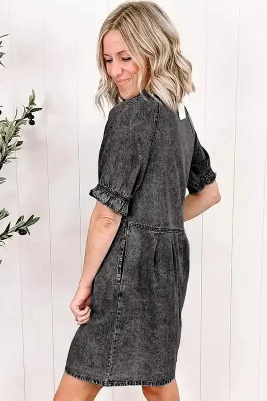 Mineral wash ruffled denim mini dress back view — Fashionfitz UK