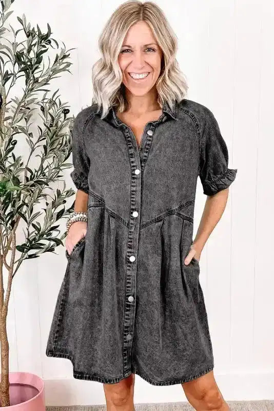 Mineral Wash Ruffled Denim Dress - Fashionfitz