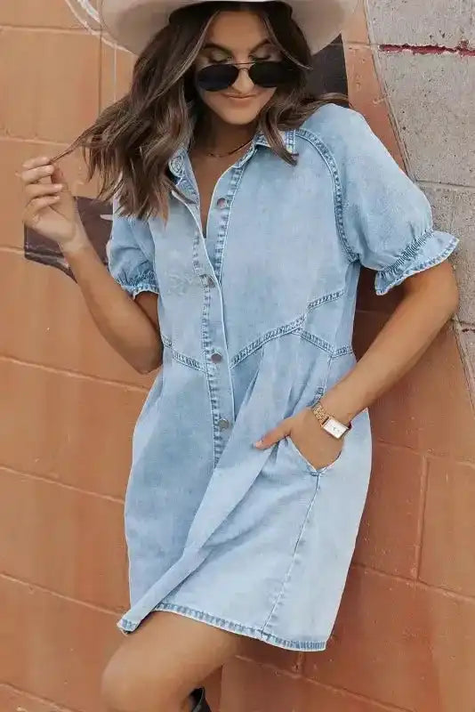 Mineral Wash Ruffled Denim Dress - Fashionfitz