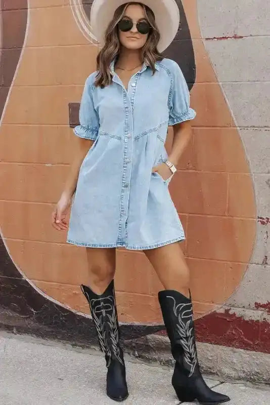 Mineral Wash Ruffled Denim Dress - Fashionfitz