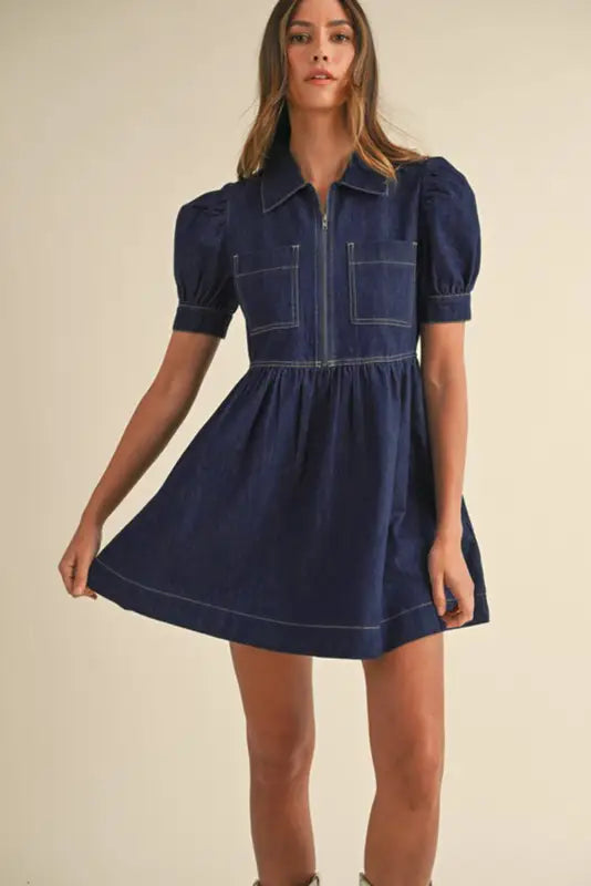 Mini denim dress - short puff sleeve